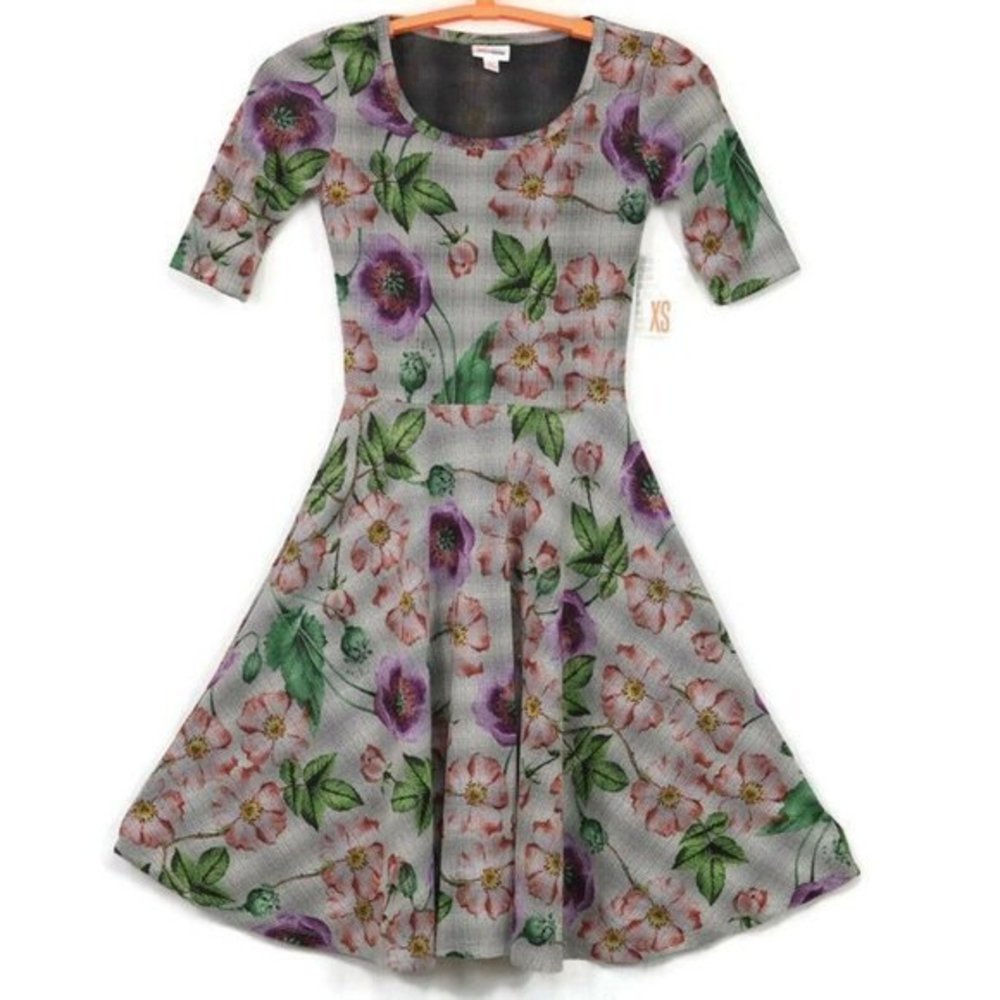 LuLaRoe Nicole Fit & Flare A-Line‎ Dress Grey Purple Pink Green Floral XS